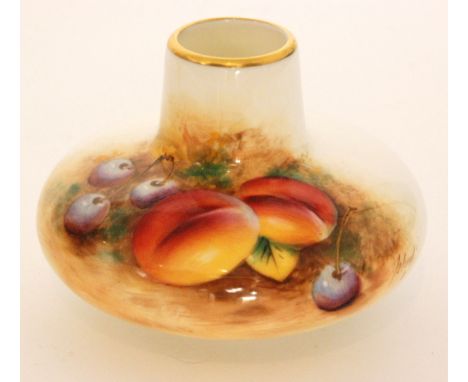 A Royal Worcester Fallen Fruits shape 2491 squat vase panel decorated by Roberts with hand painted peaches and cherries, sign