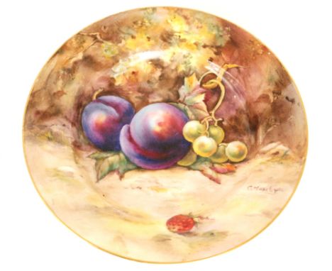 A Royal Worcester Fallen Fruits small side plate decorated by Moseley with hand painted plums and white grapes, signed, puce 