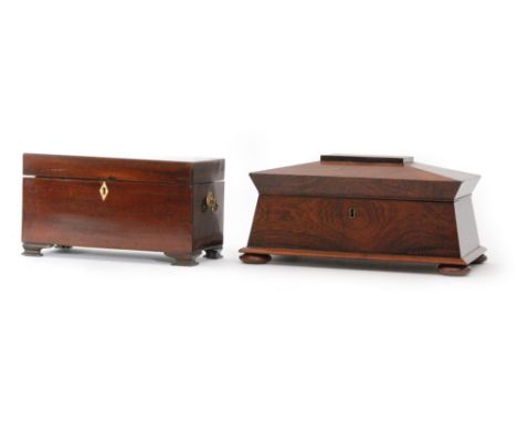 A 19th Century rosewood sarcophical shaped tea caddy on cushion feet and a similar rectangular tea caddy inlaid with fan pate