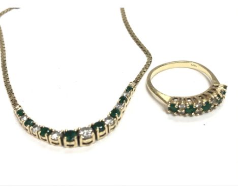 A 14ct emerald and diamond bracelet with matching ring. 7.28g and ring size L 1/2.Postage B