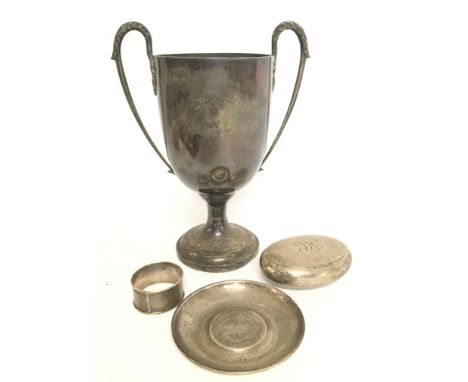 A collection of Hallmarked Silver items including a Mortons Swimming Club Championship trophy, a napkin ring, a dish and a to