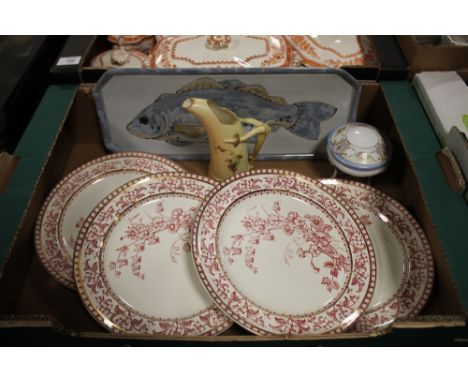 A ROYAL WORCESTER BLUSH IVORY JUG TOGETHER WITH FOUR WEDGWOOD PLATES, NORITAKE DRINKING POT AND A HIGHLAND STONEWARE TRAY (7)