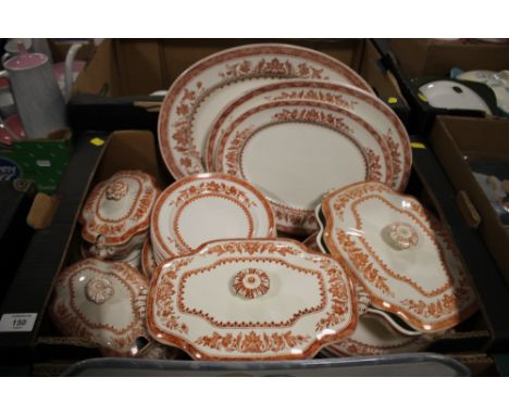 A TRAY OF ANTIQUE SPODE ORANGE AND WHITE DINNERWARE TO INCLUDE TUREENS, MEAT PLATES ETC