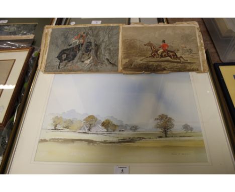 A FRAMED AND GLAZED LANDSCAPE WATERCOLOUR SIGNED JOHN R HARRIS TOGETHER WITH TWO LOOSE HUNTING SCENES
