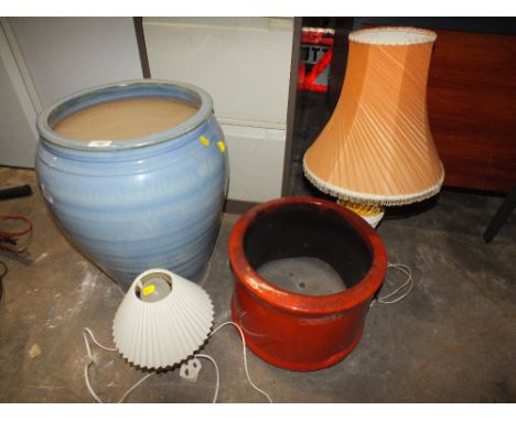 TWO LARGE CERAMIC PLANTERS TOGETHER WITH TWO LAMPS