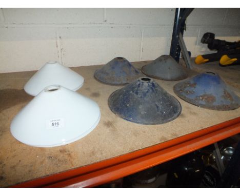 FOUR MILK GLASS LIGHT SHADES TOGETHER WITH SIX VINTAGE ENAMEL SHADES