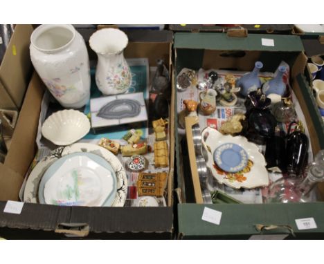 TWO TRAYS OF ASSORTED CERAMICS TO INCLUDE LARGE AYNSLEY VASES, GOEBEL, WEDGWOOD ETC. 