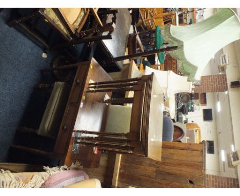 A MAHOGANY TWO DRAWER SIDE TABLE, UPHOLSTERED CHAIR, STANDARD LAMP AND NEST OF TABLES (4)
