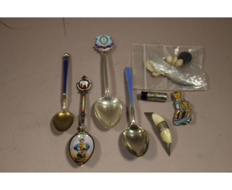 FOUR ASSORTED SILVER AND ENAMEL SPOONS ETC