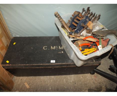 A LARGE WOODEN TOOL CHEST TOGETHER WITH A BOX OF HAND TOOLS