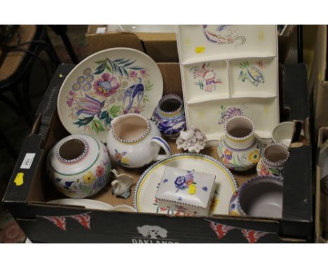 A COLLECTION OF POOLE POTTERY TO INCLUDE VASES, JUG, PLATES ETC. 