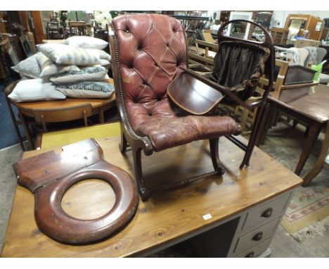 A SLIPPER CHAIR, EDWARDIAN MAHOGANY SEWING TABLE A/F AND A MAHOGANY LOO SEAT (3)