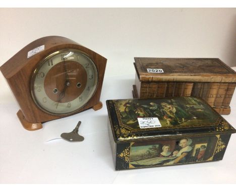 A walnut 1950 s mantel clock an olive wood puzzle box and a Vintage biscuit tin (3)