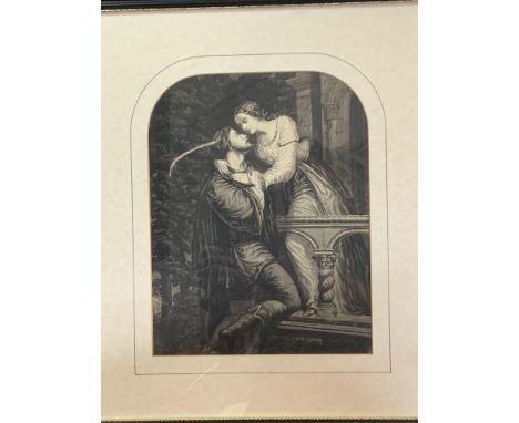 A small groups of good framed watercolours, 1 Lithograph. To include an ink drawing depiction Romeo and Juliet.