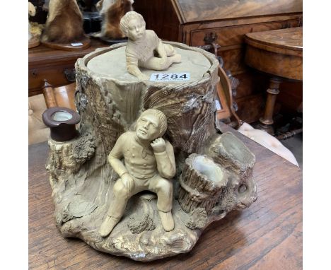 A large Victorian ceramic tobacco jar with applied figures, marbled and silvered glaze. NO RESERVE