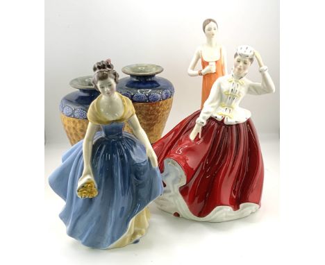 A pair of Doulton Lambeth vases together with 3 ceramic figure (2 Doulton, 1 Coalport). (D) 1 figure with significant damage.