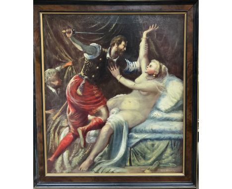 Tom Keating 1917-1984, triple painting of Tarquin and Lucretia, a demonstration of Titian painting in three stages. 76cm x 89