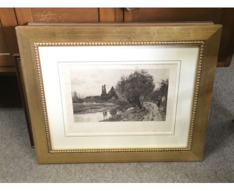 A collection of framed pictures including an etching by N. Chadwick titled The Bridge at Mostar, a printed etching by James D
