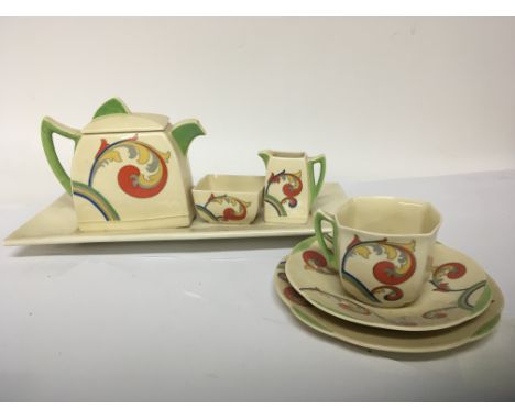A Royal Doulton Art Deco Ceramic Bachelor tea set some slight damage inside edge of tea pot sugar bowl