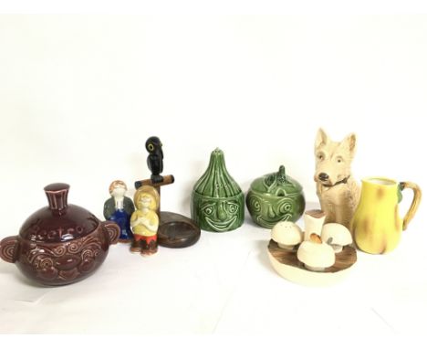 A collection of ceramics including Carlton Ware mushroom condiment set, Sylvac dog, Sadler kitchen jars, Wade S/P shakers. Th