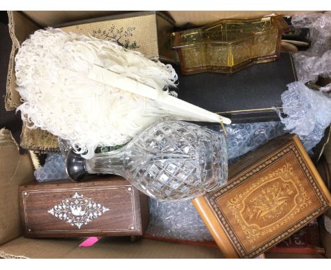 A collection of ceramics and other items Including a cut glass decanter with a silver hallmarked topper, silver plated ladle 
