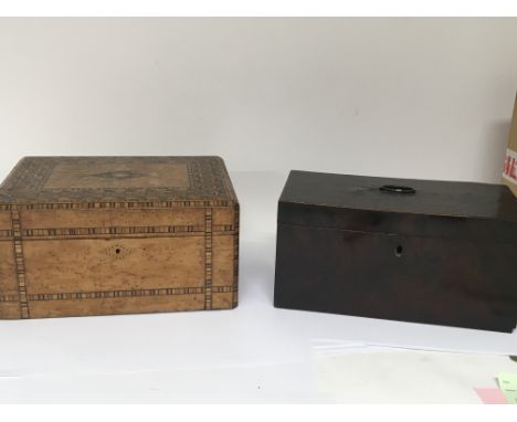 A George III Mahogany tea caddy of rectangular shape no interior30cm wide 15cm deep. and a Victorian Tombridge ware workbox w