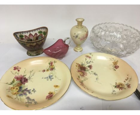 A pair of Worcester porcelain dishes hand painted with flowers a vase (chip to the base) a cut glass bowl a cranberry glass j