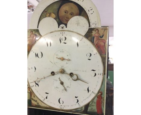 A mahogany long case clock the painted dial with moon roller Arabic numerals and second sub dial .