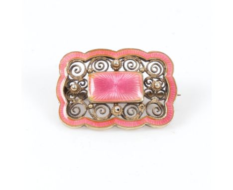Marius Hammer Norwegian silver enamel brooch.&nbsp;An early 20th century pink guilloche enamelled filigree brooch. Silver mou