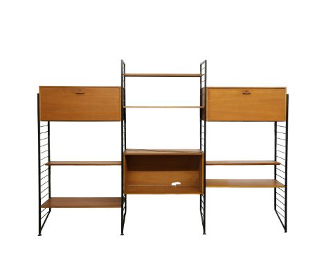 Robert Heal for staples. ladderax.&nbsp;The mid 20th Century Ladderax shelving system comprising of a pair of black laddered 