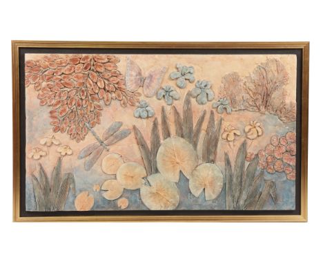 Bernard Rooke (b. 1938). a large studio pottery plaque decorated with a dragonfly and butterfly amongst lily pads and reeds, 