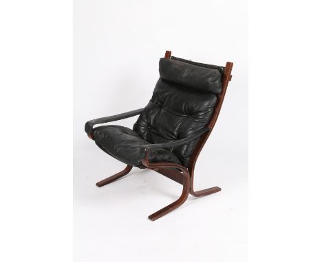 Ingmar Relling for Westnofa. 'Siesta icon' armchair, with bentwood frame and black leather button down upholstery, with label
