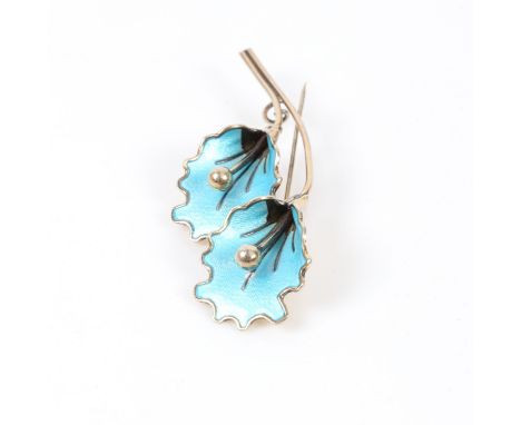 Aksel Holmsen enamelled Norwegian brooch.&nbsp;A mid 20th century flower brooch with light blue guilloche enamelling. Silver 
