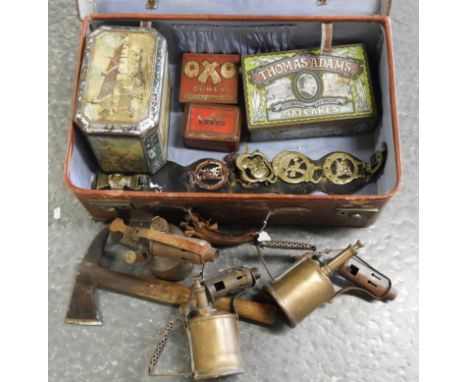 VINTAGE LEATHER SUITCASE OF OLD TINS, BLOW LAMPS, ICE PICK ETC 