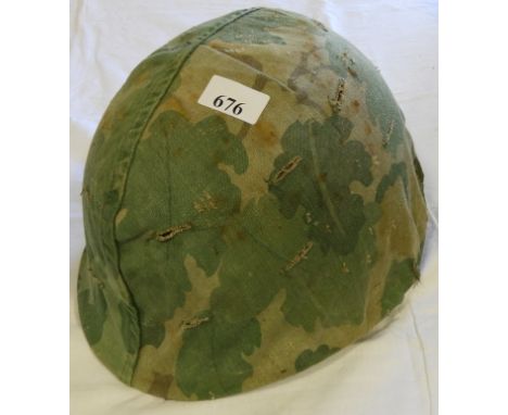 US ARMY HELMET WITH INNER SHELL & WEBBING CHINSTRAP & CAMO CLOTH COVER 1960'S 