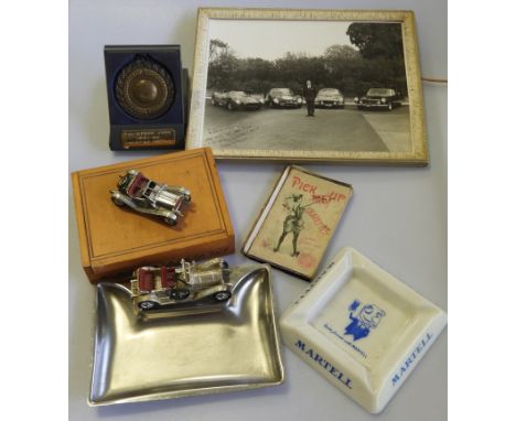 MARTELL PUB ASHTRAY, VINTAGE CAR ASHTRAY & CIGARETTE BOX, SPORTS MEDAL & VINTAGE CAR PHOTOGRAPH 