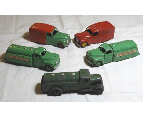 DINKY - 3 PETROL TANKERS & 2 AUSTIN ADVERTISING VANS 