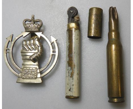 ROYAL ARMOURED CORP BADGE & TRENCH ART LIGHTER 