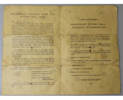 Holsworthy Welcome Home Victory Hall Fund 1945 folded letter with Artists impression of the new hall