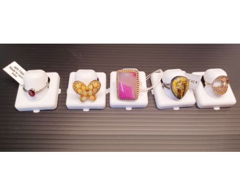FIVE SILVER DRESS RINGS INC. FAUX OPAL BUTTERFLY ETC.