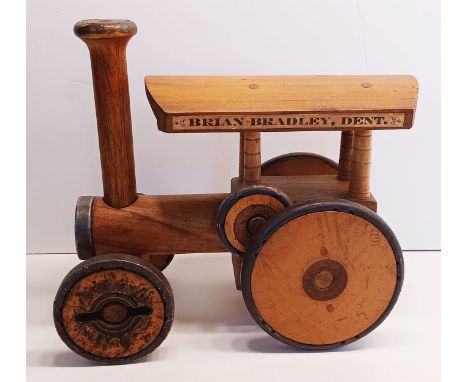 BRIAN BRADLEY DENT WOODEN TRACTION ENGINE MADE WITH BOBBINS &amp; OLD PENNIES WEAVING. 22.5CM TALL
