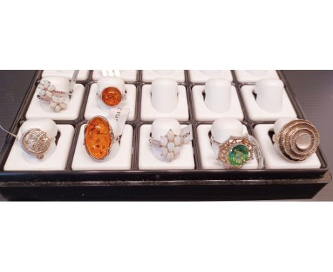 SEVEN SILVER DRESS RINGS INC. AMBER, FAUX OPAL ETC.