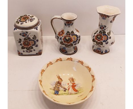 DELFT POLYCHROME TEA CADDY, VASE &amp; JUG, AND A ROYAL DOULTON BUNNIKINS BOWL