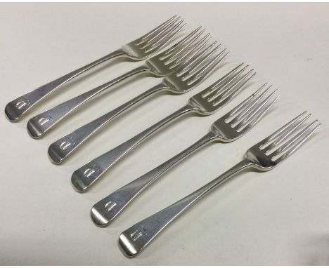 YORK: Six OE pattern silver table forks. 1807. By R Cattle &amp; J Barber. Approx. 372 grams. Est. £200 - £300.
