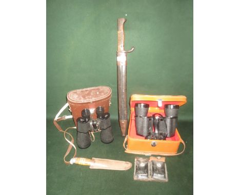 Military bayonet, by Weyerser in original brass and leather scabbard; a hunting knife in leather scabbard; pair binoculars Li