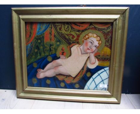 Gilt framed oil painting on glass portrait of infant Jesus holding the light of God, 33cm x 41cm