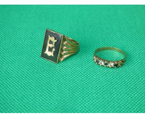 9ct gold mourning ring with embossed capital E, & 9ct gold & stone ring, size U & O 7g