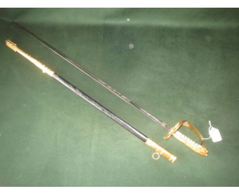 Naval officers sword with shark grip handle, brass hilt & leather brass scabbard