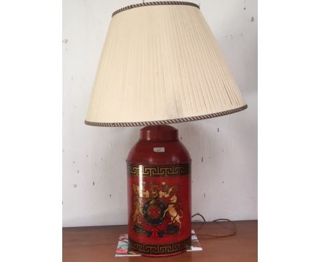 Large red lamp base painted as a tea canister and cream silk shade, handmade in Walton Street, London