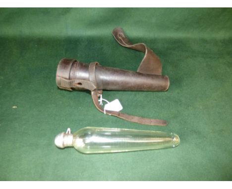 11" glass hunting flask with silver cap, in fitted leather saddle case